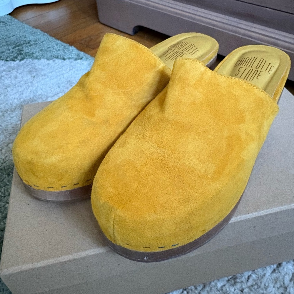 Charlotte Stone Martino Wood Sole Clogs in Suede Yellow Ochre